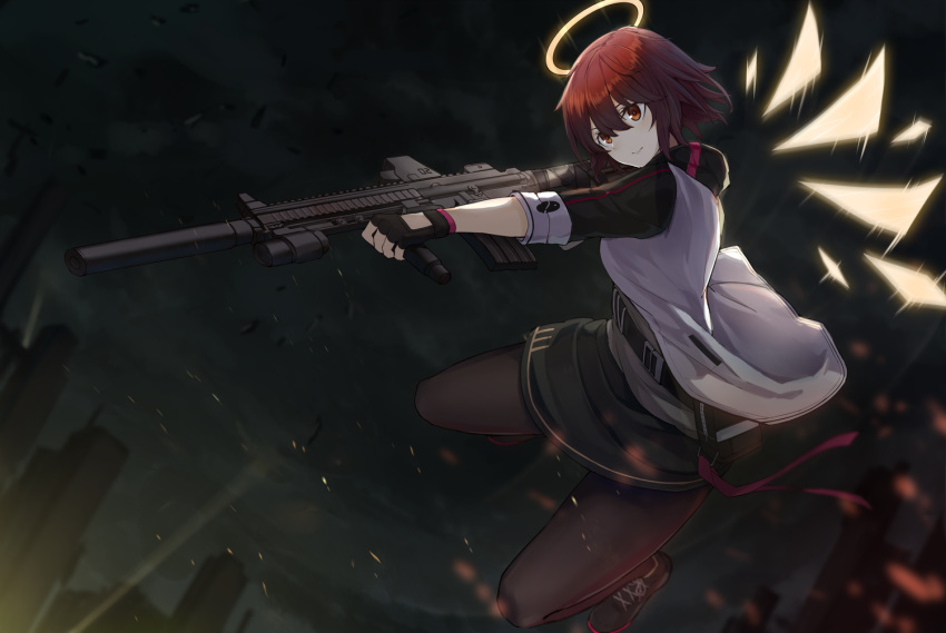 1girl arknights brown_hair building character_request chinese_commentary city clouds commentary_request fingerless_gloves gloves gun halo holding holding_gun holding_weapon hoodie mag_(mag42) night orange_eyes outdoors pantyhose red_eyes red_hair short_hair skirt sky solo suppressor weapon wings