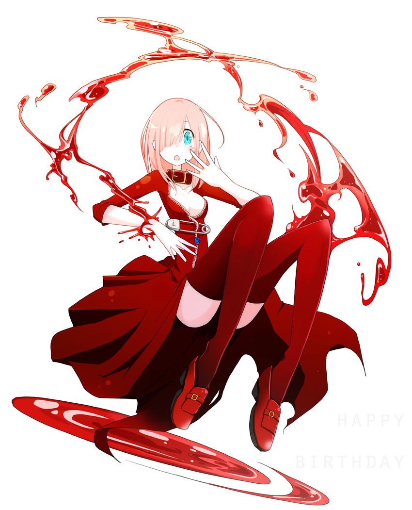 bleeding blood blue_eyes blush collar dress full_body highres long_hair original pink_hair red_legwear solo takagi_(tansuke) tansuke thighhighs