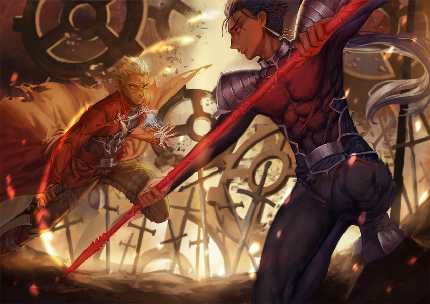 archer battle blue_hair dual_wielding duel fate/stay_night fate_(series) field_of_blades gae_bolg gears glowing glowing_weapon highres holding kanshou_&amp;_bakuya lancer magic_circuit male_focus maomaozi multiple_boys planted_sword planted_weapon polearm ponytail red_eyes spear sword unlimited_blade_works weapon white_hair