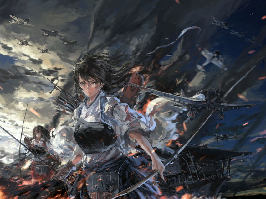 a6m_zero aircraft aircraft_carrier airplane akagi_(kantai_collection) alternate_hairstyle arrow battle black_hair blue_sky bow_(weapon) brown_eyes brown_hair cloud cloudy_sky cowboy_shot embers fire frown gloves hakama_skirt kaga_(kantai_collection) kantai_collection long_hair looking_at_viewer messy_hair military military_vehicle multiple_girls muneate ocean partly_fingerless_gloves serious ship sky smoke stu_dts tasuki torn_clothes warship watercraft weapon yugake