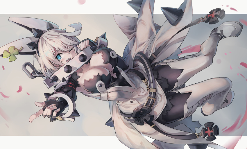 aqua_eyes boots breasts chain cleavage collar dress elbow_gloves elphelt_valentine gloves guilty_gear huanxiang_huifeng pantyhose short_hair torn_clothes white_hair wink wristwear
