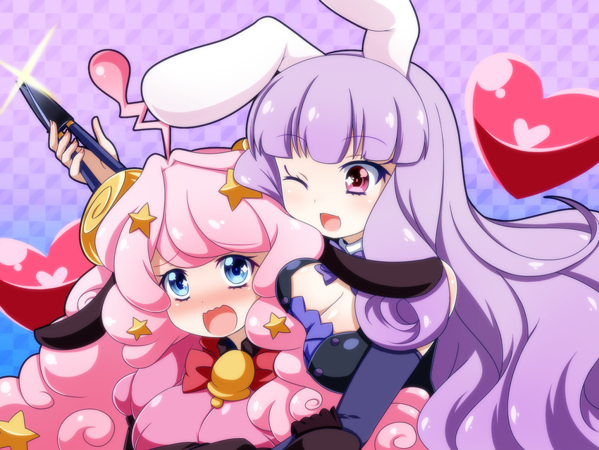 animal_ears blue_eyes blush breasts bunny_ears checkered checkered_background chuchu_(show_by_rock!!) cleavage glint hair_ornament heart highres horns large_breasts long_hair moa_(show_by_rock!!) multiple_girls oborotsuki_kakeru one_eye_closed open_mouth pink_eyes pink_hair purple_hair shears sheep_ears sheep_horns show_by_rock!! smile star star_hair_ornament yuri