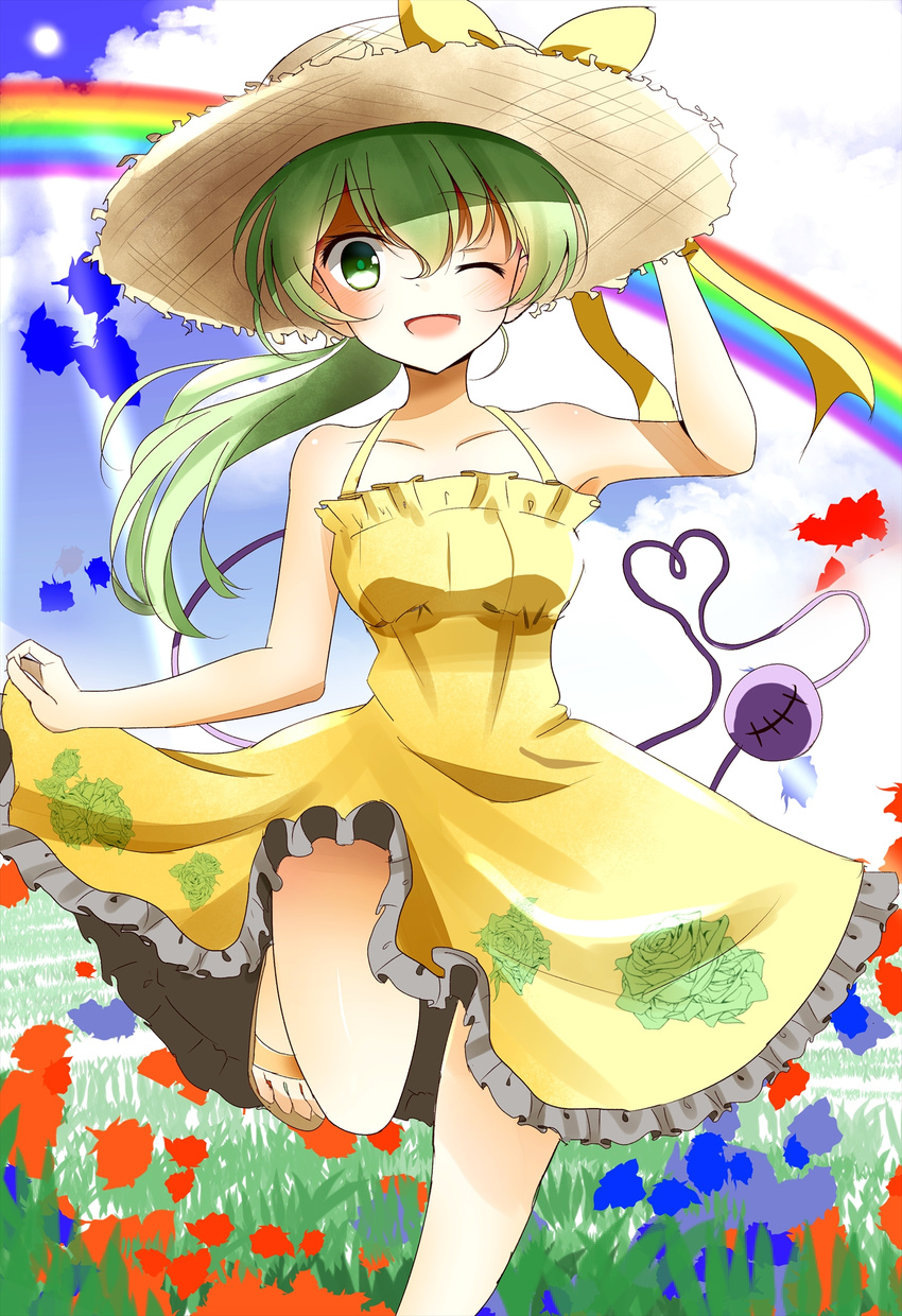 alternate_costume alternate_hairstyle bare_arms bare_shoulders blue_sky bow cloud collarbone day dress floral_print green_eyes green_hair hat hat_bow highres indo_(mdtanaka2007) komeiji_koishi one_eye_closed open_mouth ponytail rain running sky sleeveless sleeveless_dress smile solo straw_hat sundress third_eye touhou wide_sleeves yellow_eyes