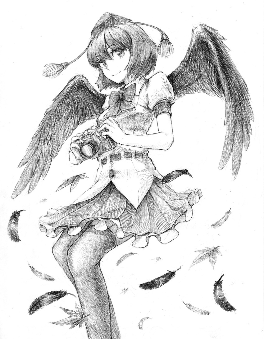 blouse bow bowtie camera feathers feet_out_of_frame greyscale hat highres leaf maple_leaf matumasima monochrome pom_pom_(clothes) shameimaru_aya short_hair skirt smile solo thighhighs tokin_hat touhou wings zettai_ryouiki