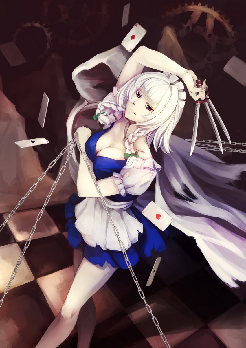 ace_of_clubs ace_of_diamonds ace_of_hearts ace_of_spades apron arm_over_head bare_legs blue_dress blue_eyes bow braid breasts chain checkered checkered_floor cleavage cloak collarbone colored_eyelashes dress dutch_angle gears grip hair_bow highres holding holding_knife izayoi_sakuya kalalasan knife knives_between_fingers large_breasts legs looking_at_viewer maid maid_headdress puffy_short_sleeves puffy_sleeves shadow short_dress short_sleeves solo thighs torn_clothes touhou twin_braids white_hair