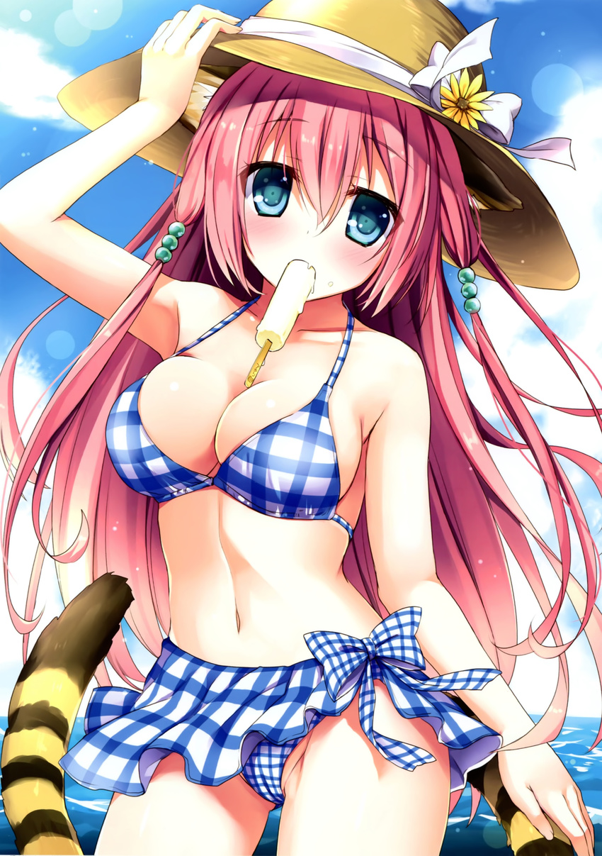 absurdres adjusting_clothes adjusting_hat animal_ears arm_up bankoku_ayuya bikini bikini_skirt blue_eyes breasts cat_ears cleavage cowboy_shot flower food halterneck hat highres large_breasts long_hair mouth_hold navel ocean pink_hair plaid plaid_bikini popsicle solo striped_tail sunflower swimsuit tail tiger_tail toranoana water