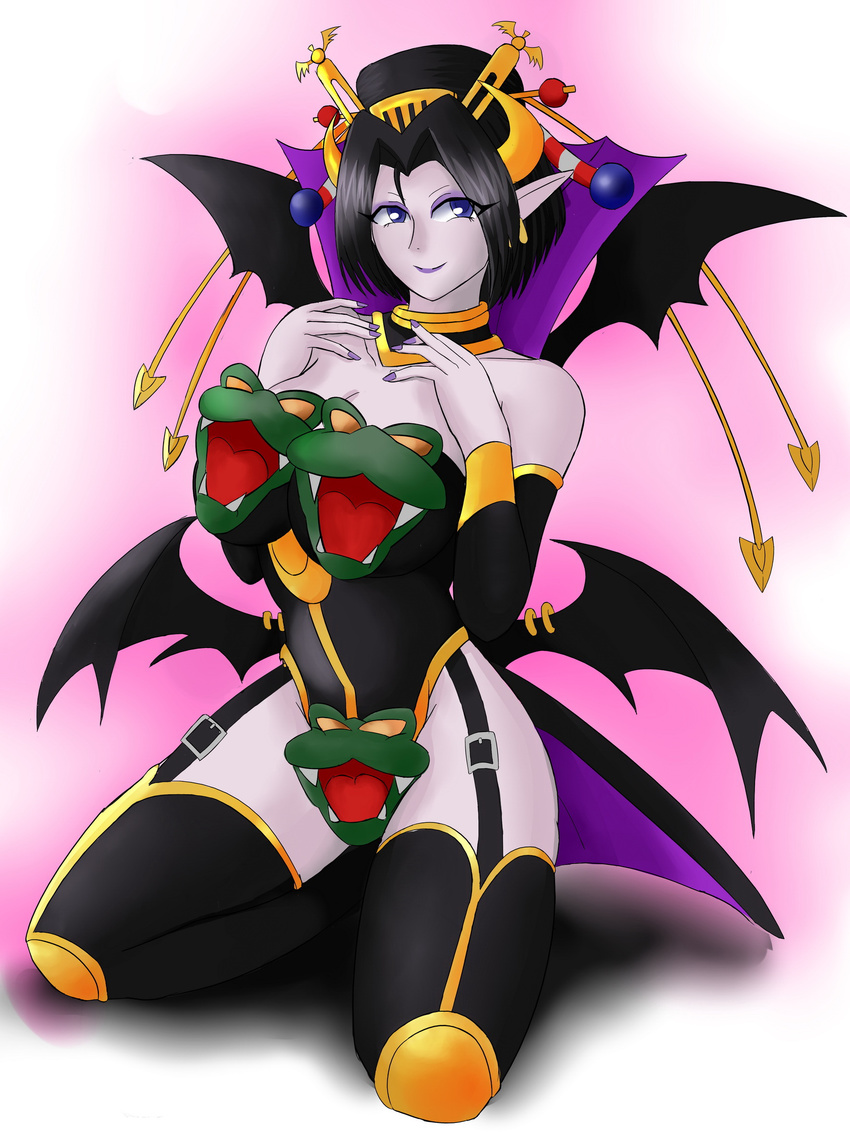 1girl arm_warmers bare_shoulders bat_wings black_hair black_wings blue_eyes bodysuit bracer breasts demon_girl detached_collar digimon digimon_xros_wars eyeshadow female garter_straps gattai_lilithmon hair_bun hair_ornament high_collar highres horn kneeling large_breasts leotard lilithmon lingerie lipstick makeup multiple_wings nail_polish pointy_ears seven_great_demon_lords succubus thighhighs thighs underwear wings