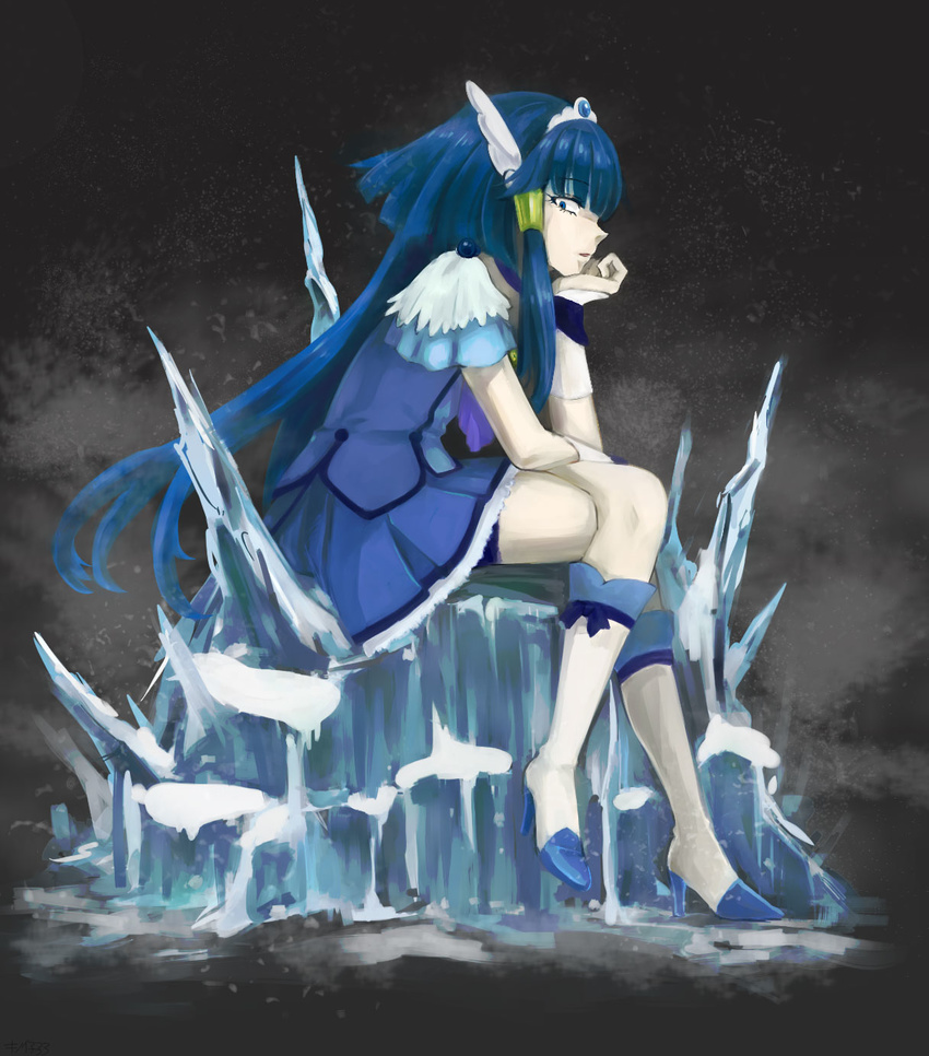 aoki_reika blue_eyes blue_hair boots crossed_legs cure_beauty glaring head_on_hand highres ice kiyoy777 long_hair magical_girl precure sitting smile_precure! snow solo tiara