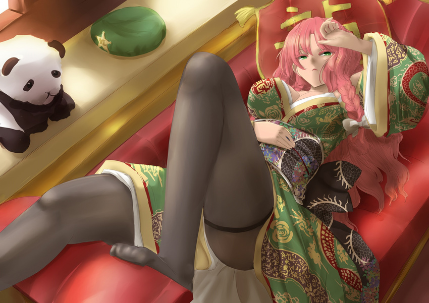 alternate_costume black_legwear braid breasts chaise_longue cleavage green_eyes half-closed_eyes hand_on_own_forehead hand_on_own_stomach hat hat_removed headwear_removed highres hong_meiling japanese_clothes kimono knee_up large_breasts long_hair looking_at_viewer lying no_shoes obi on_back pantyhose parted_lips pillow red_hair sash senbon_tsuki solo star stuffed_animal stuffed_panda stuffed_toy thighband_pantyhose touhou twin_braids