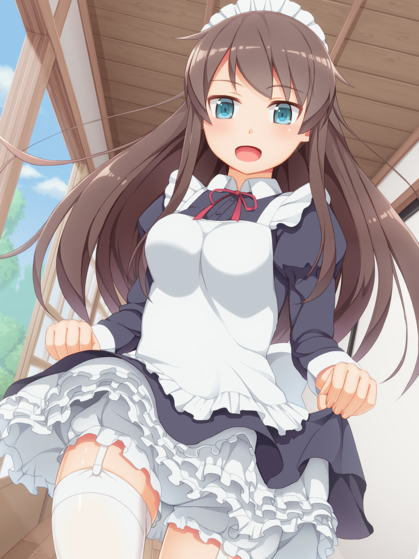 :d blue_eyes breasts brown_hair commentary_request garter_straps highres long_hair maid medium_breasts open_mouth original ryokan smile solo tachimi_(basue) thighhighs white_legwear zettai_ryouiki
