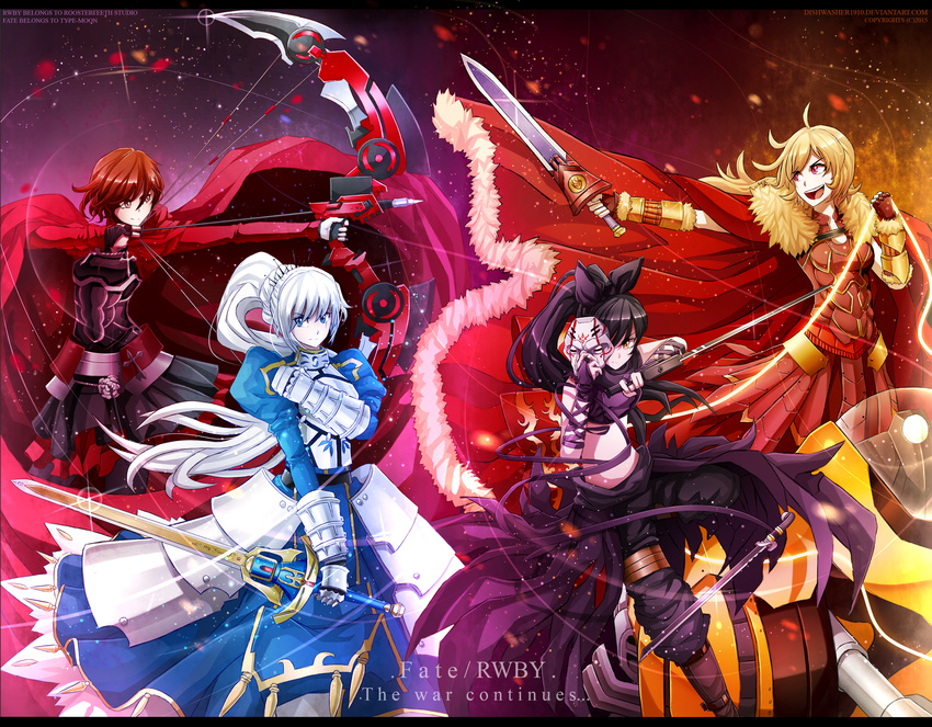 absurdres archer archer_(cosplay) armor artoria_pendragon_(all) assassin_(fate/zero) assassin_(fate/zero)_(cosplay) black_hair blake_belladonna blonde_hair blue_dress blue_eyes bow bow_(weapon) breastplate cape compound_bow copyright_name cosplay cross crossover dishwasher1910 dress english fate/stay_night fate/zero fate_(series) fingerless_gloves fur-trimmed_cape fur_trim gauntlets gloves hair_bow highres huge_filesize lens_flare light_particles long_hair mask multiple_girls pantyhose ponytail purple_eyes red_cape red_hair reverse_grip rider_(fate/zero) rider_(fate/zero)_(cosplay) ruby_rose rwby saber saber_(cosplay) scar scar_across_eye short_hair silver_eyes sword vambraces weapon weiss_schnee white_hair yang_xiao_long yellow_eyes