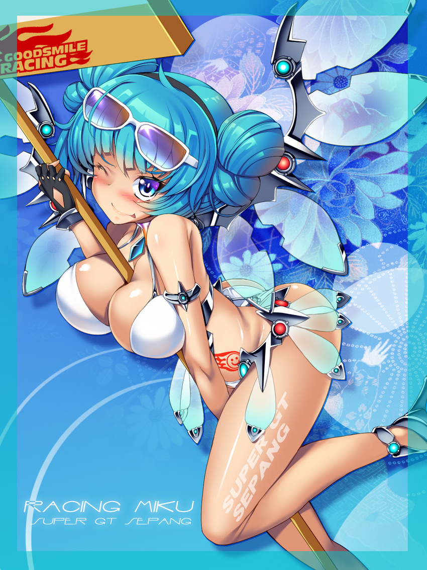 aqua_hair between_breasts bikini blush breasts character_name double_bun eyewear_on_head fingerless_gloves gloves goodsmile_company goodsmile_racing hatsune_miku highres large_breasts mechanical_wings one_eye_closed race_queen racing_miku racing_miku_(2013) sign smile solo sunglasses swimsuit tan torisan vocaloid wings