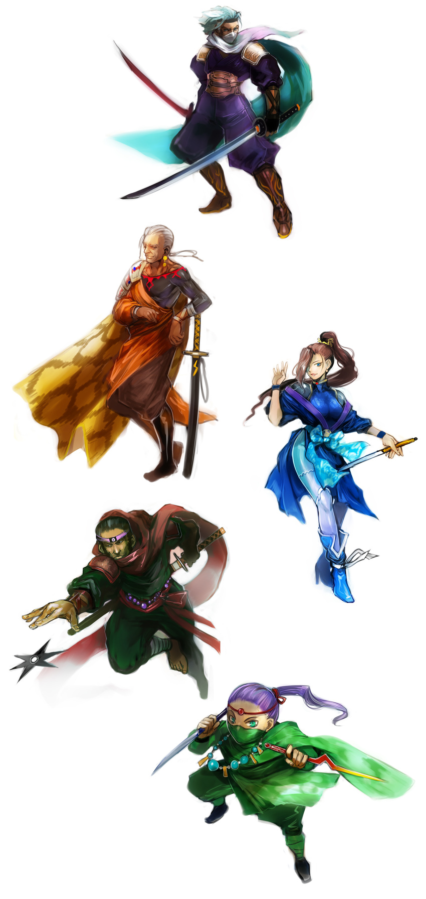 3boys absurdres black_hair blue_eyes brown_hair cape dual_wielding edward_geraldine final_fantasy final_fantasy_iv final_fantasy_iv_the_after gekkou green_eyes highres holding izayoi_(ff4) moreshan multiple_boys multiple_girls ninja ninja_(final_fantasy) purple_hair shuriken sword tsukinowa_(ff4) weapon white_hair zangetsu_(ff4)