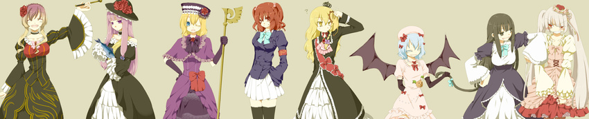 ^_^ absurdres alice_margatroid alternate_costume armband bad_id bad_pixiv_id bat_wings beatrice beatrice_(cosplay) black_hair blonde_hair blue_eyes blue_hair blush cat_tail choker closed_eyes cosplay crown dress elbow_gloves eva_beatrice eva_beatrice_(cosplay) fish flower frederica_bernkastel frederica_bernkastel_(cosplay) frills fujiwara_no_mokou furudo_erika furudo_erika_(cosplay) gloves gradient_hair hair_bobbles hair_ornament hat highres hijiri_byakuren houraisan_kaguya jacket kirisame_marisa kiseru lambdadelta lambdadelta_(cosplay) long_hair long_image multicolored_hair multiple_girls necktie one_eye_closed onozuka_komachi patchouli_knowledge pipe purple_eyes purple_hair red_eyes red_hair remilia_scarlet ribbon saury short_hair silver_hair staff tail thighhighs touhou two_side_up umineko_no_naku_koro_ni ushiromiya_ange ushiromiya_ange_(cosplay) ushiromiya_maria ushiromiya_maria_(cosplay) virgilia virgilia_(cosplay) wide_image wings yuzuri_sa zettai_ryouiki