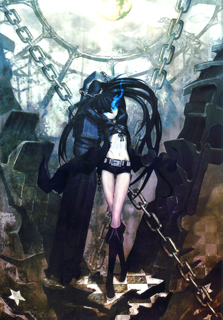absurdres arm_cannon belt black_hair black_rock_shooter black_rock_shooter_(character) blue_eyes boots bra burning_eye chain coat glowing glowing_eyes gun highres huge_weapon huke lingerie long_hair midriff moon navel open_clothes open_coat picsix scar shorts sky solo star stitches twintails underwear very_long_hair weapon