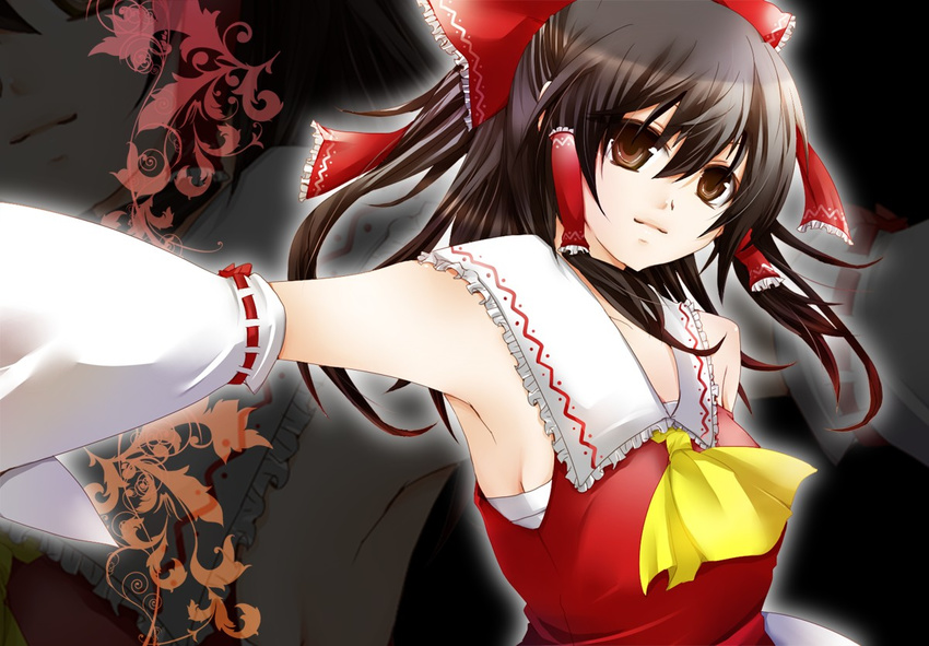 akatsuki_yakyou armpits bow breasts brown_eyes brown_hair detached_sleeves hair_bow hakurei_reimu half_updo long_hair medium_breasts sarashi sideboob solo touhou zoom_layer