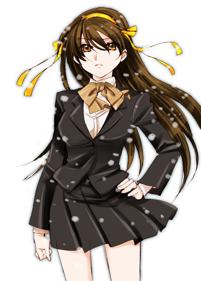 alternate_hairstyle bad_id bad_pixiv_id brown_eyes brown_hair highres kouyouen_academy_uniform long_hair sawakana school_uniform snow solo suzumiya_haruhi suzumiya_haruhi_no_shoushitsu suzumiya_haruhi_no_yuuutsu