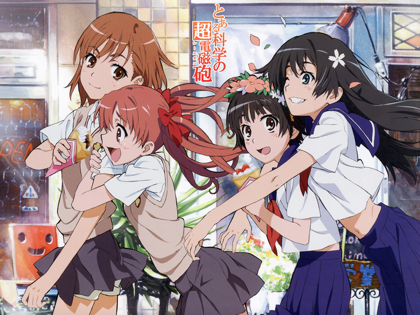 arm_hug black_hair blue_eyes brown_eyes brown_hair crepe flower food grin head_wreath highres hug long_hair misaka_mikoto multiple_girls one_eye_closed sakugawa_school_uniform saten_ruiko school_uniform serafuku shirai_kuroko short_hair skirt smile tanaka_yuuichi to_aru_kagaku_no_railgun to_aru_majutsu_no_index twintails uiharu_kazari wallpaper