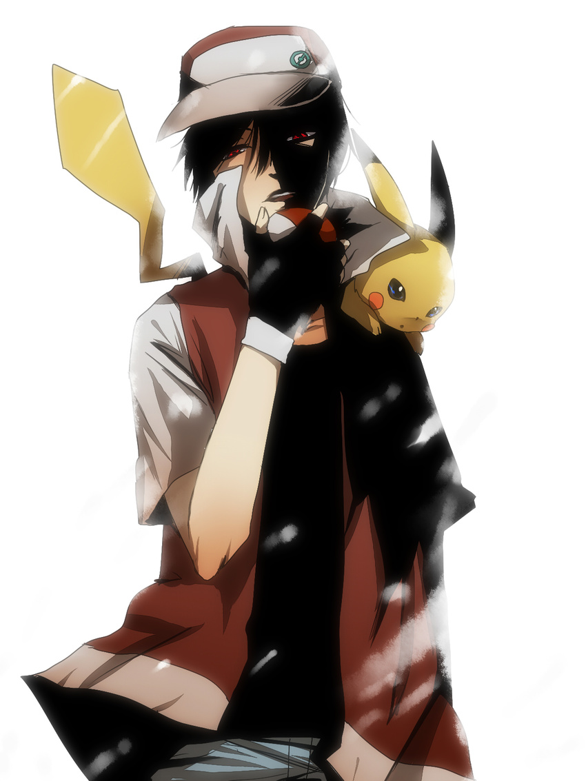 bad_id bad_pixiv_id baseball_cap black_hair fingerless_gloves gen_1_pokemon gloves hat highres holding holding_poke_ball male_focus manly mikado_(mikado0033) pikachu pixiv_red poke_ball pokemon pokemon_(creature) pokemon_(game) popped_collar red_(pokemon) red_eyes simple_background white_background