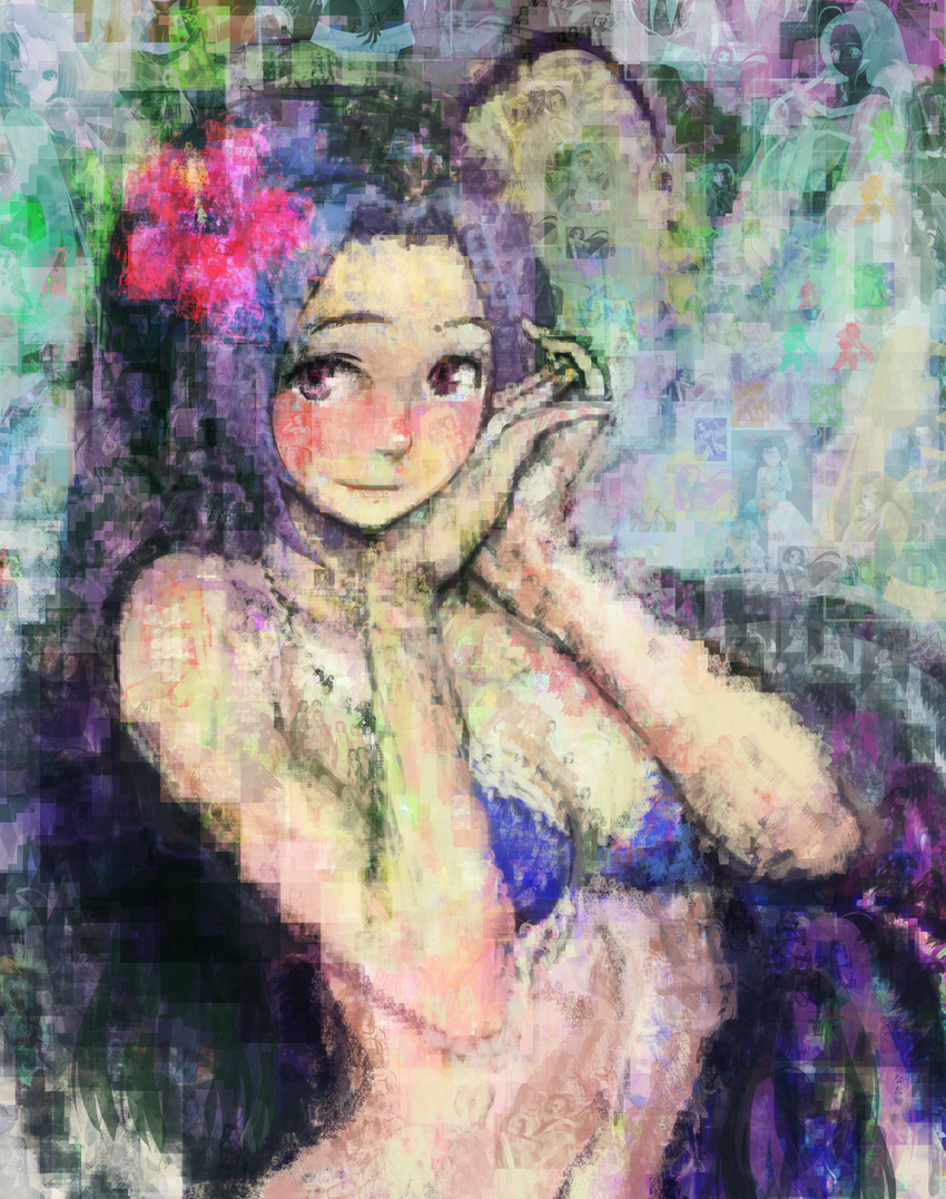 arata_yokoyama blush bra breasts flower highres idolmaster idolmaster_(classic) lingerie long_hair medium_breasts miura_azusa mosaic_art photomosaic purple_eyes purple_hair solo underwear