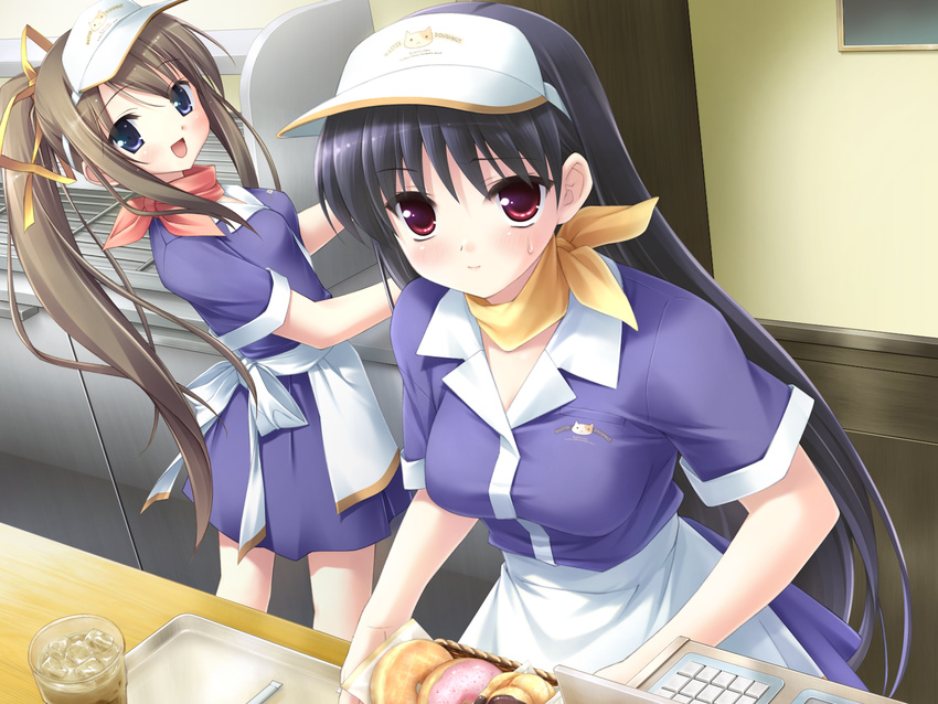 angel_french ascot black_hair brand_name_imitation cash_register clothes_writing doughnut drink employee_uniform fast_food_uniform food french_cruller game_cg hair_ribbon highres kanekiyo_miwa kantoku long_hair mister_donut miyazawa_midori multiple_girls natsu_no_ame open_mouth ponytail red_eyes ribbon segawa_rikako smile tray uniform very_long_hair visor_cap