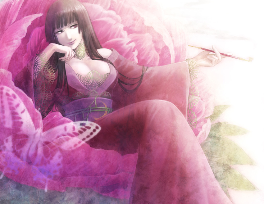 bangs blunt_bangs breasts brown_hair cleavage dress hime_cut ichihara_yuuko japanese_clothes kimono kinoeneko kiseru large_breasts long_hair pipe sitting solo xxxholic yukata