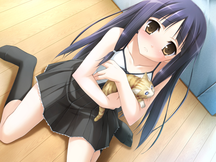 black_legwear cat game_cg highres kanekiyo_miwa kneehighs long_hair natsu_no_ame sakurai_tomomi skirt socks solo tears