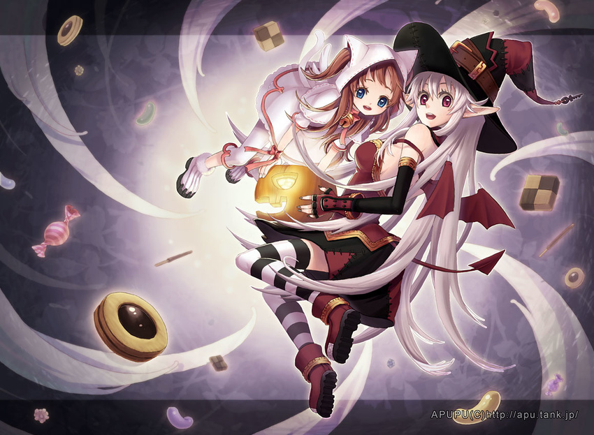 apupu artist_name bat_wings bell blue_eyes brown_hair candy checkerboard_cookie cookie elbow_gloves fingerless_gloves food gloves halloween hat jack-o'-lantern jelly_bean looking_back multiple_girls original pocky pointy_ears pumpkin red_eyes striped striped_legwear tail thighhighs watermark web_address white_hair wings witch_hat