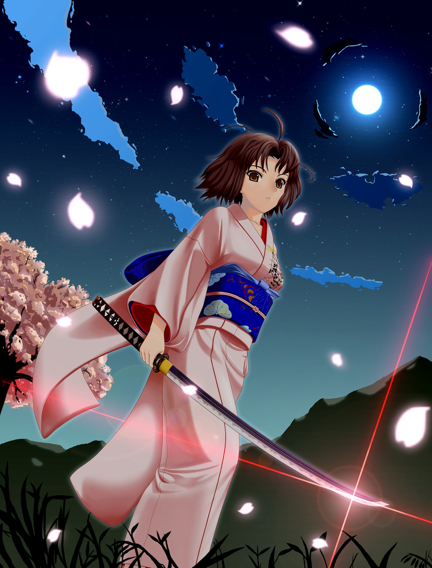 ahoge bad_id bad_pixiv_id brown_eyes brown_hair cherry_blossoms cloud from_below full_moon glint grass highres japanese_clothes kara_no_kyoukai katana kimono lens_flare looking_down moon mountain night night_sky outdoors petals ryougi_shiki short_hair sky solo swimmer? sword tree weapon