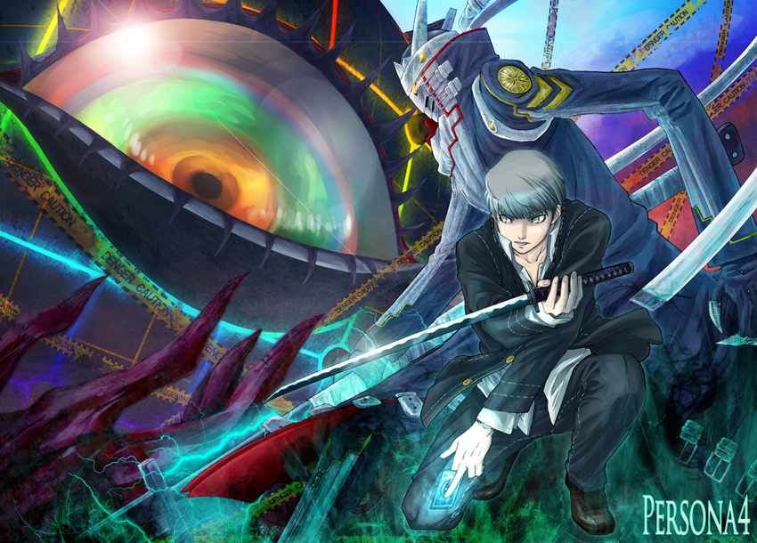 ameno_sagiri bad_id bad_pixiv_id card card_with_aura engrish grey_eyes grey_hair holding holding_card izanagi jacket kneeling male_focus narukami_yuu persona persona_4 ranguage school_uniform solo sword weapon yunicoco_(coco-demmy)