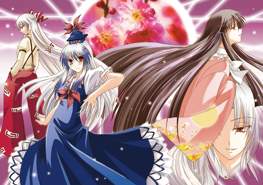 black_hair blue_hair blush bow fujiwara_no_mokou hair_bow hair_ribbon hat houraisan_kaguya kamishirasawa_keine long_hair multiple_girls red_eyes ribbon rindou_matsuri silver_hair suspenders touhou white_hair yagokoro_eirin