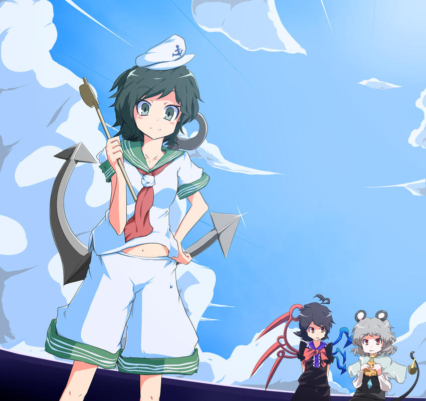 aho anchor animal_ears black_hair green_eyes grey_hair hat highres hishaku houjuu_nue mouse_ears mouse_tail multiple_girls murasa_minamitsu nazrin polearm red_eyes sailor sailor_collar sailor_hat short_hair tail touhou trident weapon