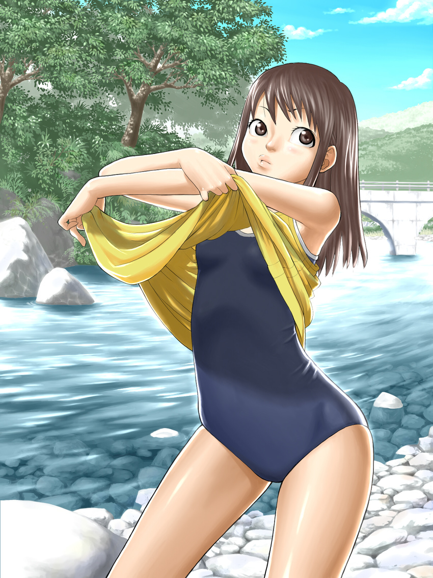 555 bridge brown_eyes brown_hair highres long_hair one-piece_swimsuit original school_swimsuit solo stream swimsuit swimsuit_under_clothes tree undressing water