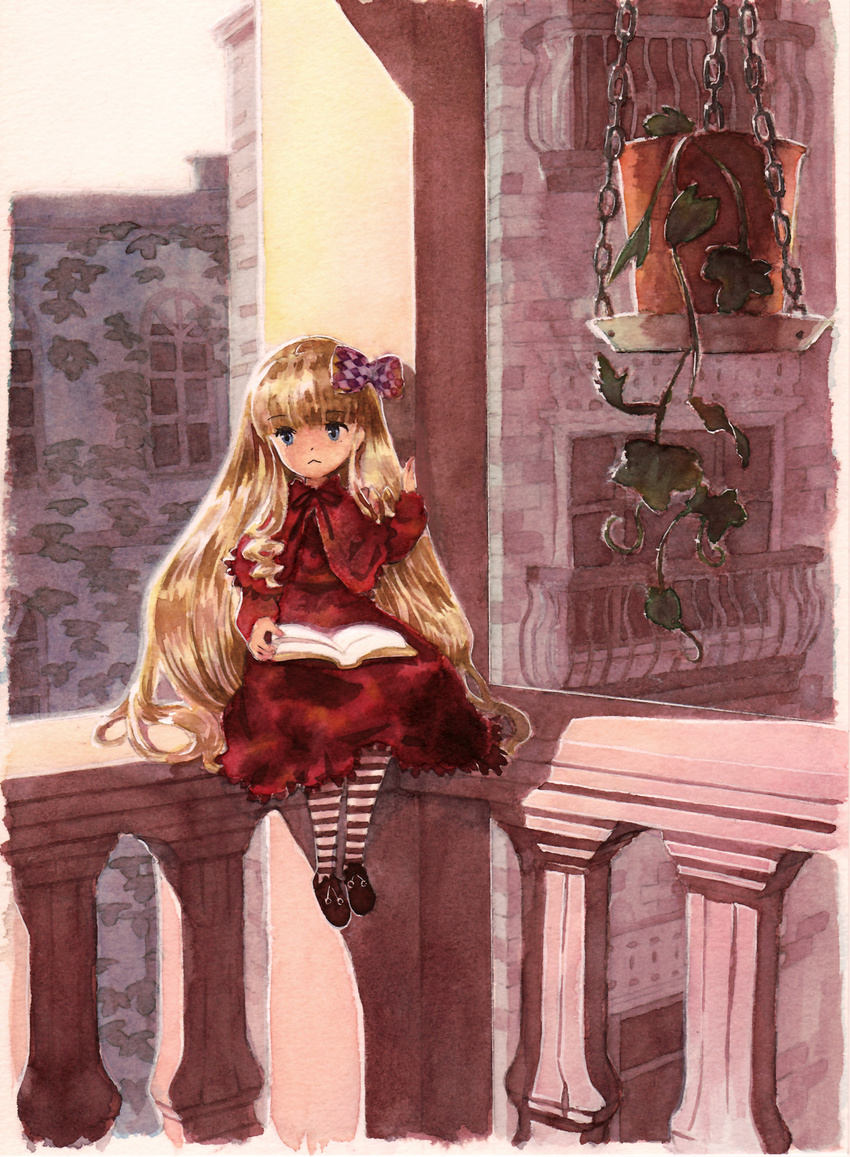 :&lt; alternate_hairstyle balcony bangs blonde_hair blue_eyes blunt_bangs book bow building checkered checkered_bow dress foot_dangle hair_bow hair_down highres long_hair long_sleeves looking_away looking_to_the_side missacula on_railing open_book plant potted_plant red_dress rozen_maiden shinku shoes sitting solo striped striped_legwear sunlight traditional_media very_long_hair window