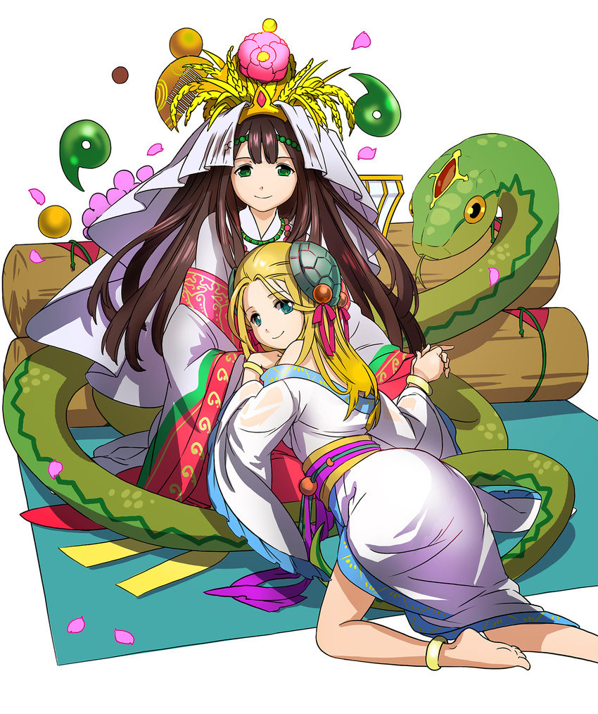 animal anklet bare_shoulders barefoot blonde_hair blue_eyes bracelet brown_hair chinese_clothes circlet comb flower from_behind giant_snake green_eyes hair_bobbles hair_ornament hanfu headdress highres holding_hands imari jewelry kushinada_(p&amp;d) long_hair long_sleeves looking_back magatama meimei_(p&amp;d) multiple_girls necklace off_shoulder petals pink_ribbon puzzle_&amp;_dragons ribbon sash sitting smile snake turtle_shell wheat wide_sleeves
