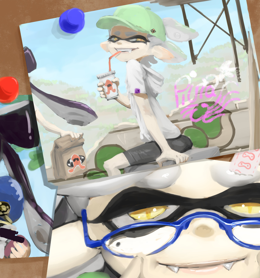 aori_(splatoon) baseball_cap bespectacled bike_shorts blue-framed_eyewear commander_atarime cup dabohaze_(artist) domino_mask drink drinking drinking_straw fangs glasses grandfather_and_granddaughter grin hat highres hood hoodie hotaru_(splatoon) mask peaked_cap photo_(object) short_hair siblings silver_hair sitting smile solo splatoon_(series) splatoon_1 squid tentacle_hair yellow_eyes