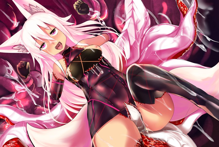 ahegao animal_ears breasts corruption dark_persona elbow_gloves fox_ears fox_tail gloves haik heart heart-shaped_pupils highres kokonoe_tsubaki living_clothes long_hair multiple_tails nipples open_mouth original purple_eyes restrained rolling_eyes small_breasts solo symbol-shaped_pupils tail tentacle_clothes tentacle_sex tentacles thighhighs white_hair