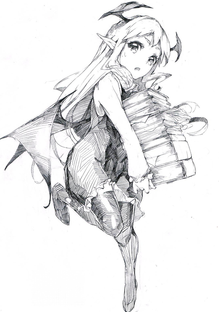 bat_wings book_stack carrying greyscale head_wings highres koakuma leg_up long_hair looking_at_viewer matumasima monochrome open_mouth pointy_ears sketch solo thighhighs touhou wings