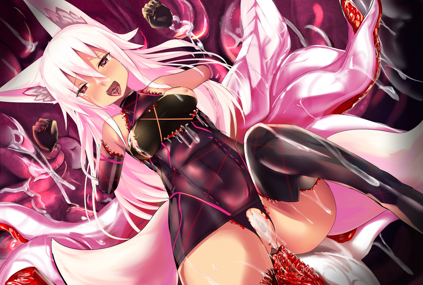 after_sex ahegao animal_ears anus breasts corruption cum cum_in_pussy dark_persona elbow_gloves fox_ears fox_tail gloves haik heart heart-shaped_pupils highres kokonoe_tsubaki living_clothes long_hair multiple_tails nipples open_mouth original purple_eyes pussy restrained small_breasts solo symbol-shaped_pupils tail tattoo tentacle_clothes tentacles thighhighs tongue tongue_out white_hair