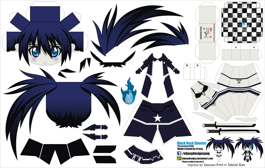 absurdres artist_name bikini black_rock_shooter black_rock_shooter_(character) blue_eyes blue_fire blue_hair burning_eye character_name chibi el_joey fire gloves highres long_hair pale_skin paper_cutout papercraft solo swimsuit sword twintails watermark weapon web_address