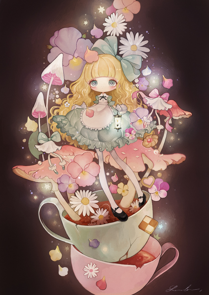 apron bangs black_footwear blonde_hair blue_dress blue_eyes blue_ribbon blunt_bangs blush bright_pupils broken_cup checkerboard_cookie cookie cup daisy dress expressionless flower food frilled_dress frills gloves hair_ribbon highres holding lalala222 lantern lolita_fashion long_hair long_legs looking_at_viewer mary_janes mushroom original pansy pantyhose petals puffy_short_sleeves puffy_sleeves ribbon shoes short_sleeves signature skirt_hold solo teacup wavy_hair white_gloves white_legwear white_pupils