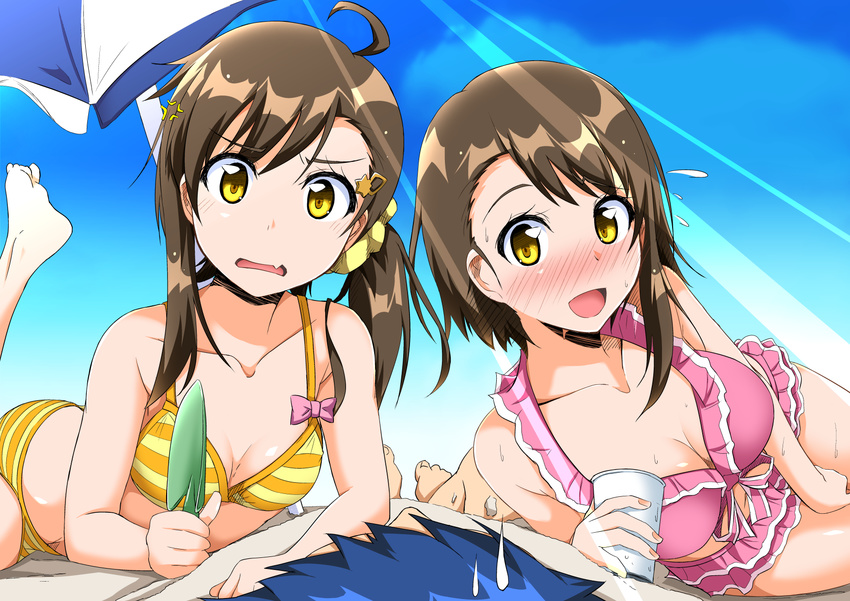 2girls :d ahoge anger_vein beach_umbrella bikini blue_hair blue_sky blush breasts brown_hair cla_(torinabe) cleavage commentary_request d: day fang flying_sweatdrops frilled_bikini frills full-face_blush hair_ornament hairclip highres ichijou_raku light_rays long_hair looking_at_viewer lying md5_mismatch multiple_girls nisekoi on_stomach onodera_haru onodera_kosaki open_mouth pink_bikini scrunchie short_hair siblings side_ponytail sisters sky small_breasts smile striped striped_bikini sunlight sweatdrop swimsuit umbrella yellow_bikini yellow_eyes