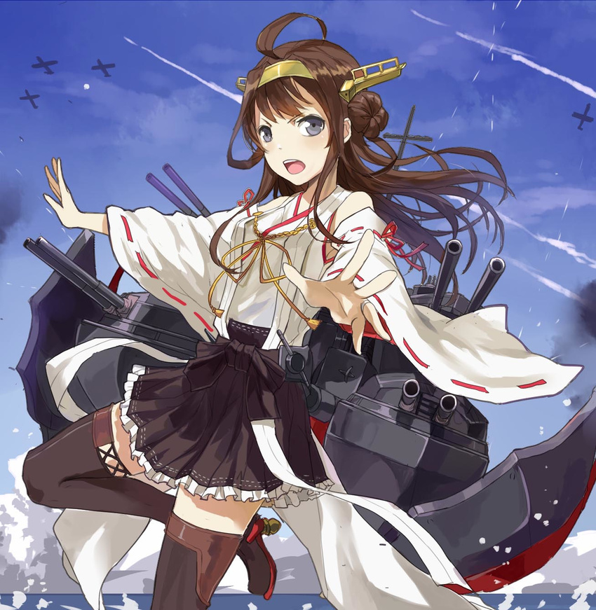 ahoge bare_shoulders battle black_hakama blue_sky boots brown_hair day detached_sleeves double_bun frilled_skirt frills grey_eyes hairband hakama headgear highres japanese_clothes jewelry kantai_collection kongou_(kantai_collection) leg_up long_hair looking_at_viewer machinery nontraditional_miko open_mouth outstretched_hand pleated_skirt ribbon-trimmed_sleeves ribbon_trim ring skirt sky solo stflash thigh_boots thighhighs wedding_band