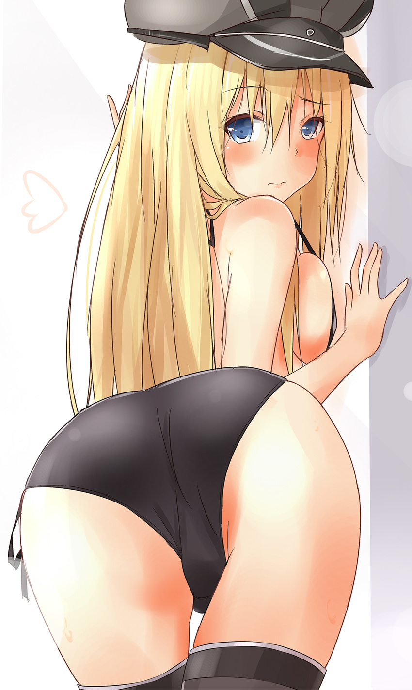 absurdres against_wall ass ass_focus bismarck_(kantai_collection) blonde_hair blue_eyes blush breast_press breasts eyes_visible_through_hair from_behind hair_between_eyes hat highres kantai_collection large_breasts leaning_forward long_hair looking_at_viewer peaked_cap saku_(kudrove) sideboob solo thighhighs thighs