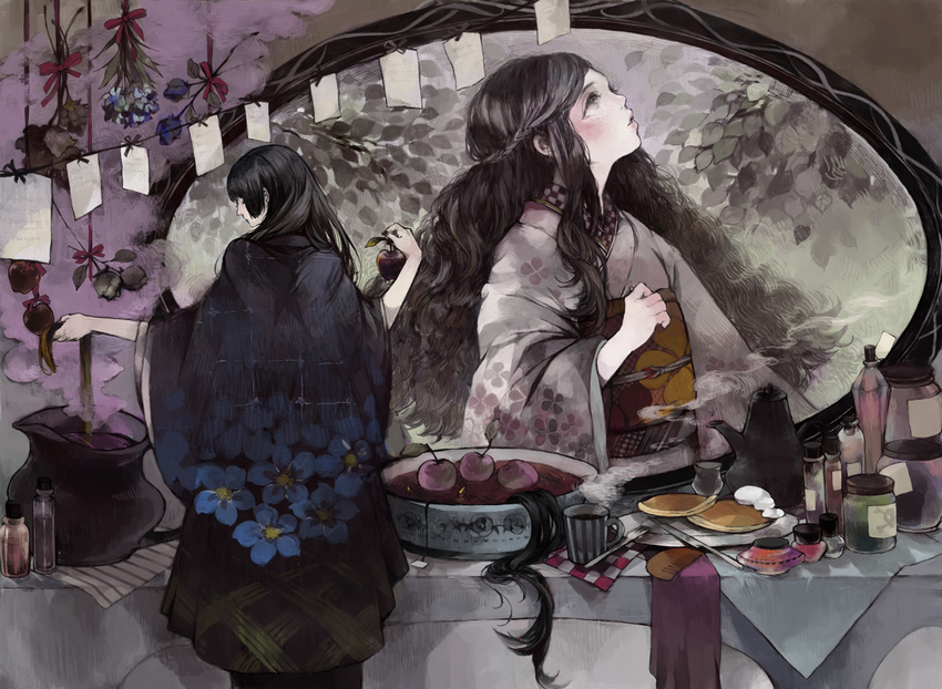 apple bad_id bad_pixiv_id bangs black_eyes black_hair bottle bowl braid cauldron cloth comb cooking cream cup different_reflection drink eyelashes floral_print flower food fork from_behind fruit grimm's_fairy_tales herb_bundle holding holding_food holding_fruit indoors japanese_clothes jar kettle kimono knife leaf liquid long_hair looking_up mirror mug multiple_girls nekosuke_(oxo) obi original pale_skin pancake paper parted_lips pink_lips plate poison pot profile queen_(snow_white) red_ribbon reflection ribbon rose sash severed_hair smoke snow_white snow_white_(grimm) standing steam very_long_hair wavy_hair witch