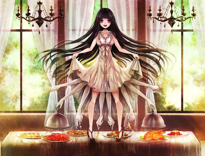 :d bangs bare_legs black_footwear black_hair blue_eyes blunt_bangs bow breasts cake chandelier chicken_(food) clona commentary_request curtains dress dress_lift extra_arms floating_hair food fork fried_chicken full_body high_heels holding holding_fork holding_knife holding_spoon indoors knife lobster long_hair looking_at_viewer medium_breasts no_socks on_table open_mouth original pale_skin plate pointing pumps serving_dome shoes sleeveless sleeveless_dress smile solo spoon standing straight_hair table tablecloth very_long_hair white_dress window