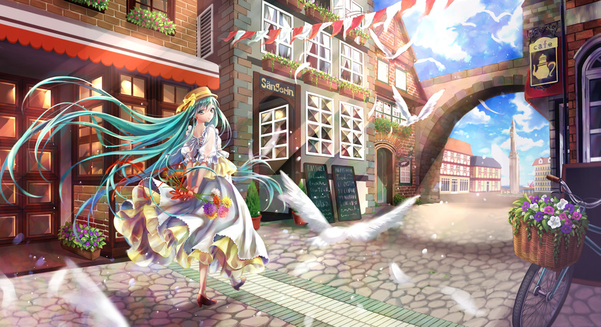 absurdres aqua_eyes aqua_hair arch arms_behind_back awning bangs bicycle bicycle_basket bird blue_sky bouquet bow brick brick_wall building cafe city cobblestone dahlia daisy day dove dress earrings feathers floating_hair flower flower_earrings from_behind ground_vehicle half-timbered hat hat_bow hat_ribbon hatsune_miku highres iria_(yumeirokingyo) jewelry layered_dress light_particles long_hair looking_back menu_board open_window outdoors petunia_(flower) plant planter potted_plant puffy_short_sleeves puffy_sleeves red_ribbon ribbon road running_bond see-through short_sleeves sky smile solo storefront street string_of_flags swept_bangs tower twintails very_long_hair vocaloid walking white_dress wide_shot window