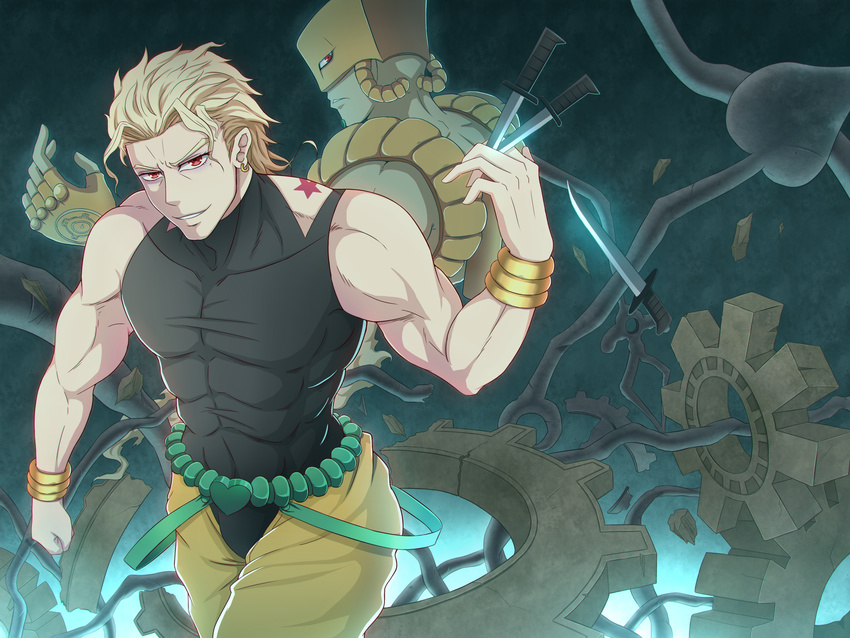 absurdres astrot_(zwd4310100) birthmark blonde_hair blue_background dio_brando earrings gears highres jewelry joestar_birthmark jojo_no_kimyou_na_bouken knife multiple_boys red_eyes shirt sleeveless sleeveless_shirt stand_(jojo) stardust_crusaders the_world wrist_cuffs