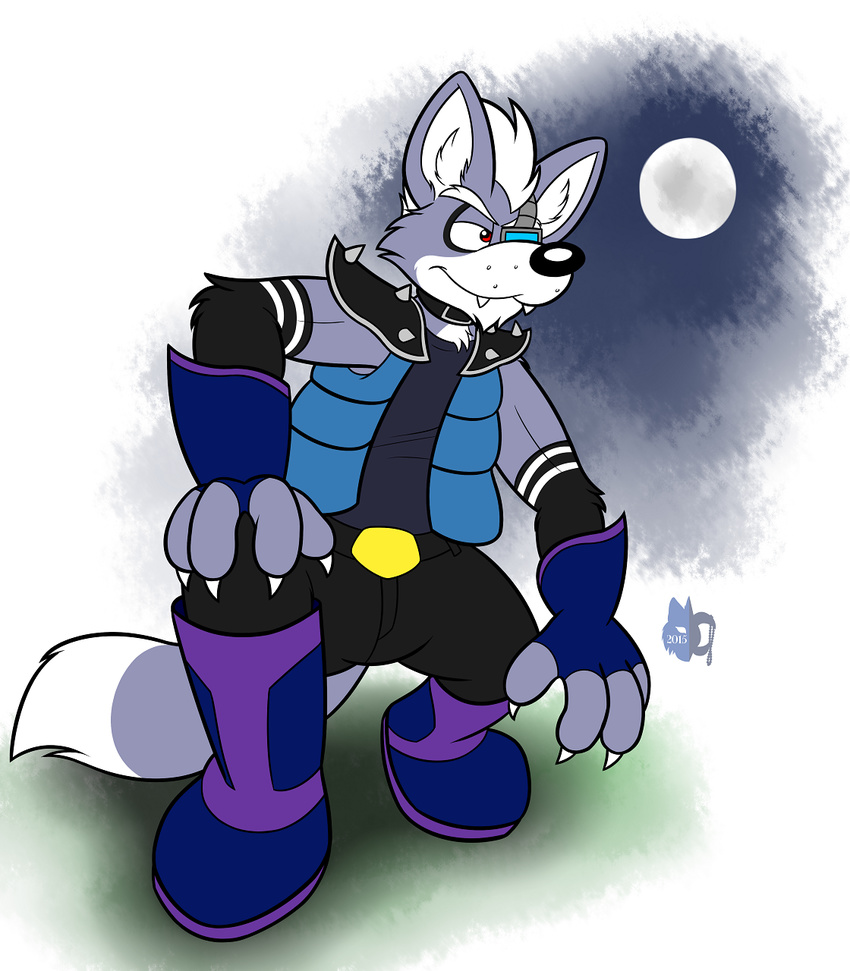 bleuxwolf canine clothing eye_patch eyewear fur male mammal moon nintendo pants red_eyes shirt star_fox video_games wolf wolf_o'donnell