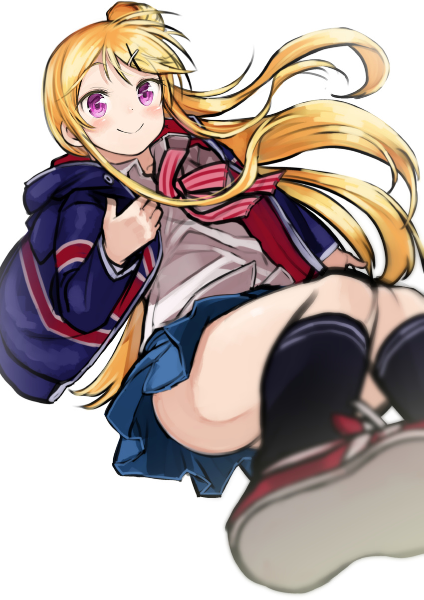 blonde_hair blurry depth_of_field foreshortening from_below hair_bun hair_ornament hairclip highres hood hoodie kin-iro_mosaic kujou_karen long_hair nishiide_kengorou purple_eyes ribbon simple_background smile solo union_jack white_background x_hair_ornament